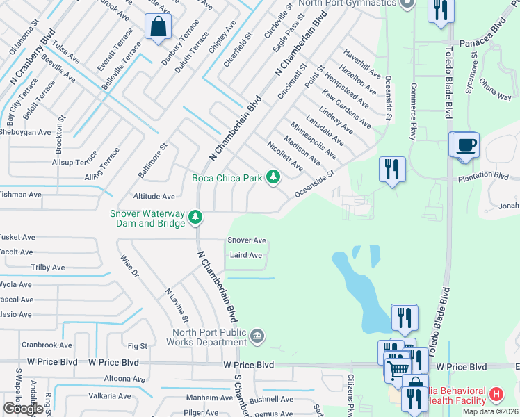 map of restaurants, bars, coffee shops, grocery stores, and more near 1581 Alliance Avenue in North Port