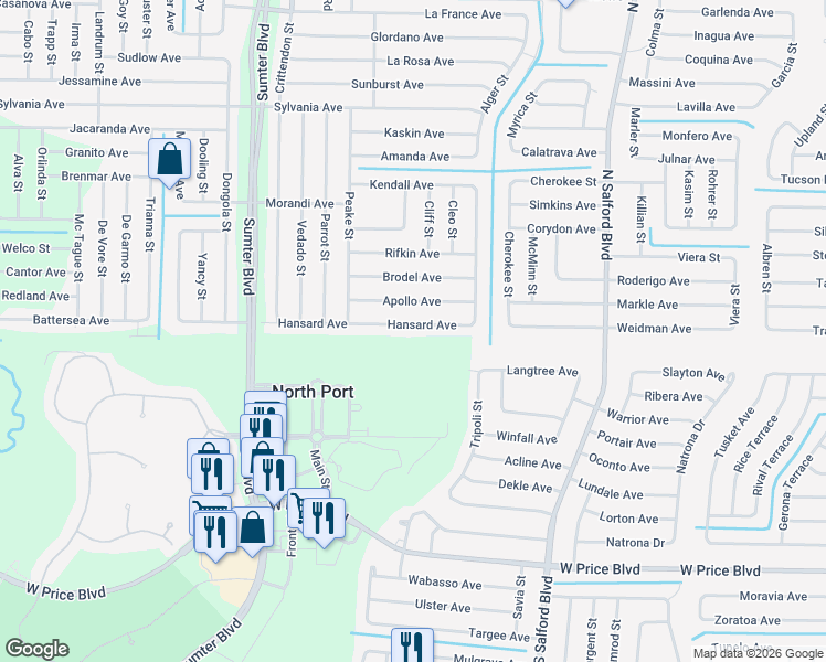 map of restaurants, bars, coffee shops, grocery stores, and more near 4413 Hansard Avenue in North Port