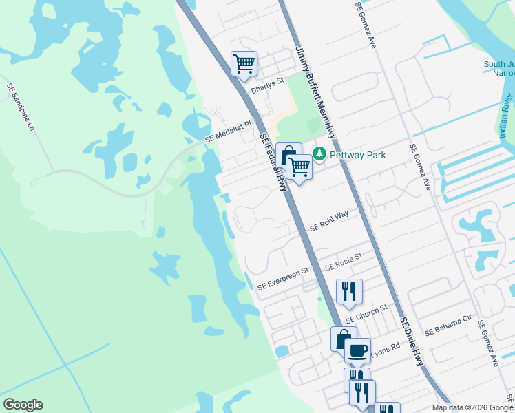 map of restaurants, bars, coffee shops, grocery stores, and more near Southeast Croft Circle in Hobe Sound