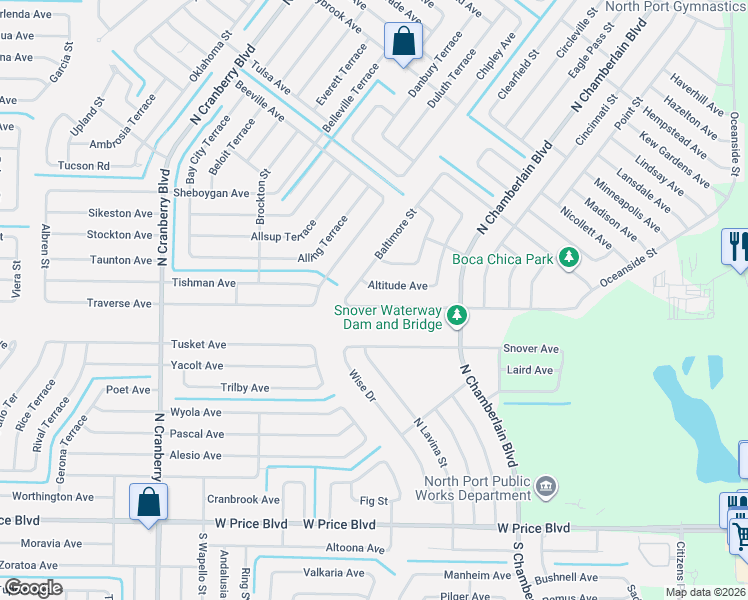 map of restaurants, bars, coffee shops, grocery stores, and more near 2173 Alliance Avenue in North Port