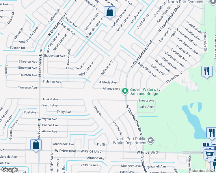 map of restaurants, bars, coffee shops, grocery stores, and more near 2142 Alliance Avenue in North Port
