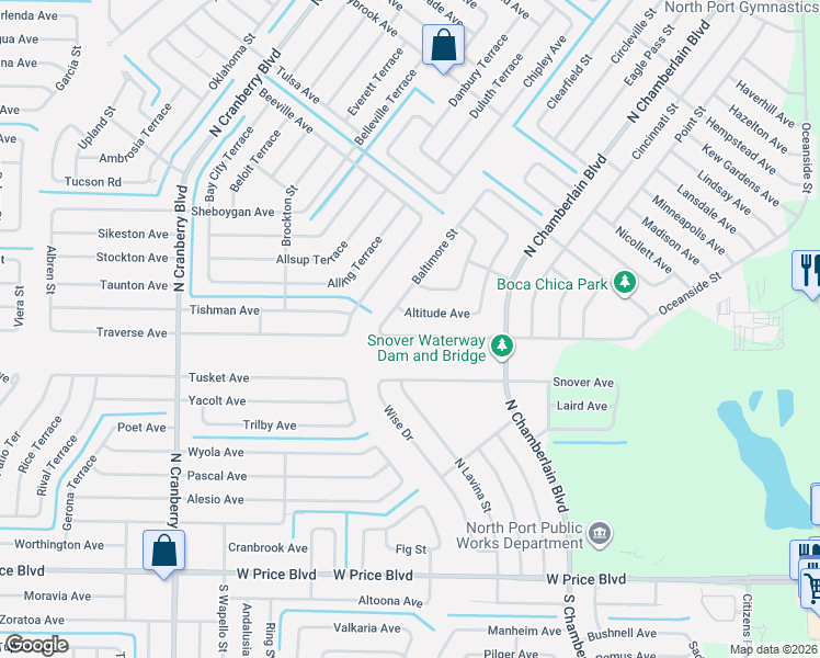 map of restaurants, bars, coffee shops, grocery stores, and more near 2173 Alliance Avenue in North Port