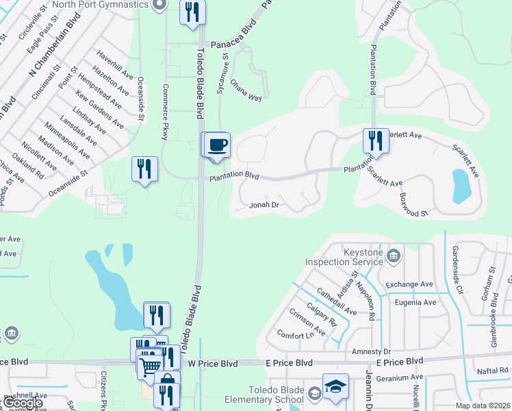 map of restaurants, bars, coffee shops, grocery stores, and more near 1145 Jonah Drive in North Port