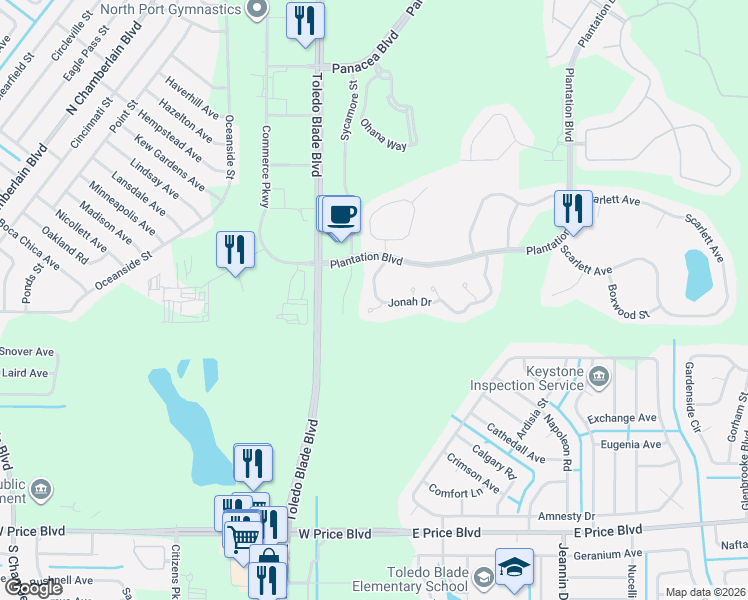 map of restaurants, bars, coffee shops, grocery stores, and more near 1085 Jonah Drive in North Port