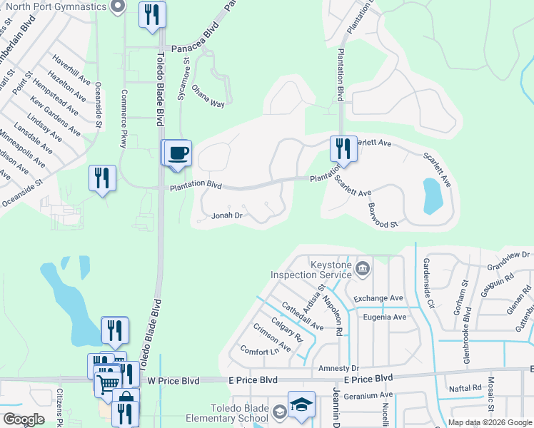 map of restaurants, bars, coffee shops, grocery stores, and more near 2334 Felicity Place in North Port