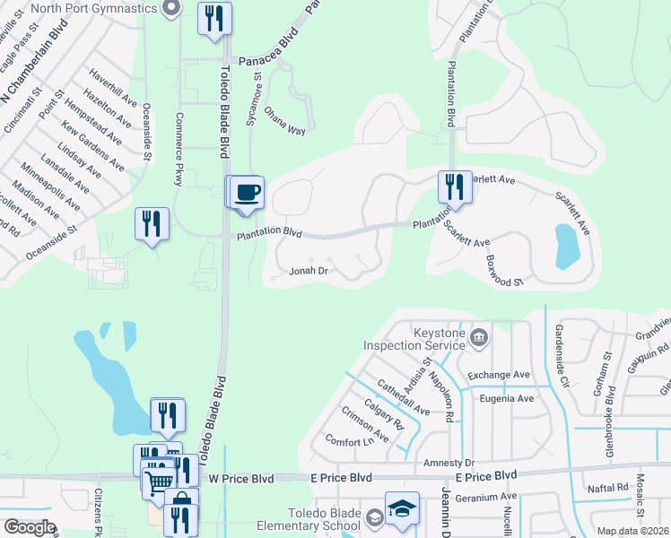 map of restaurants, bars, coffee shops, grocery stores, and more near Jonah Drive in North Port