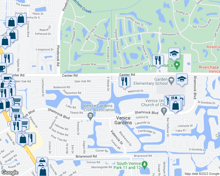 map of restaurants, bars, coffee shops, grocery stores, and more near 484 East Shade Drive in Venice