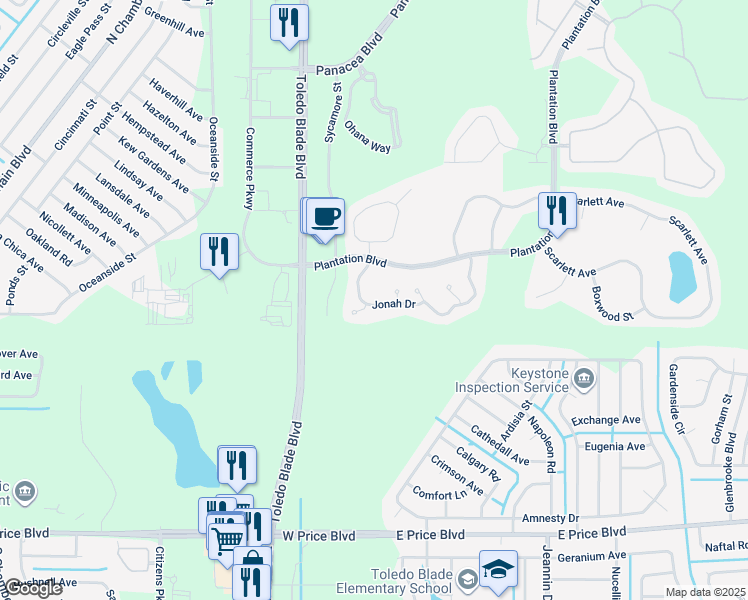 map of restaurants, bars, coffee shops, grocery stores, and more near 2349 Rosewood Lane in North Port