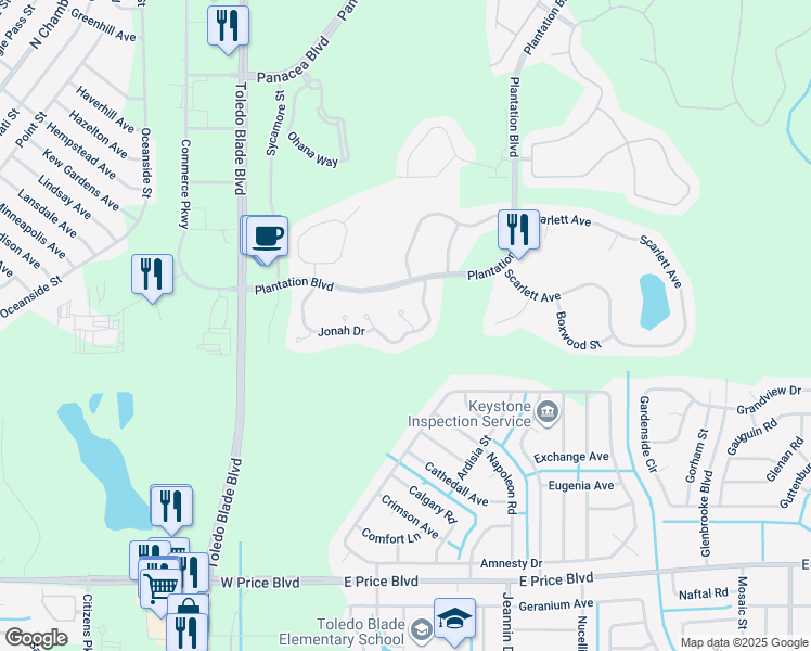 map of restaurants, bars, coffee shops, grocery stores, and more near 1256 Jonah Drive in North Port