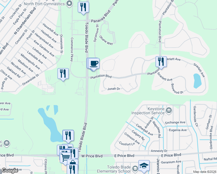 map of restaurants, bars, coffee shops, grocery stores, and more near 1136 Jonah Drive in North Port