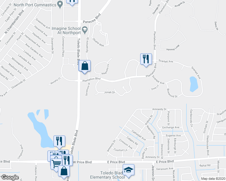 map of restaurants, bars, coffee shops, grocery stores, and more near 1188 Jonah Drive in North Port