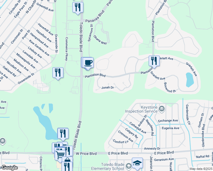 map of restaurants, bars, coffee shops, grocery stores, and more near 2349 Rosewood Lane in North Port