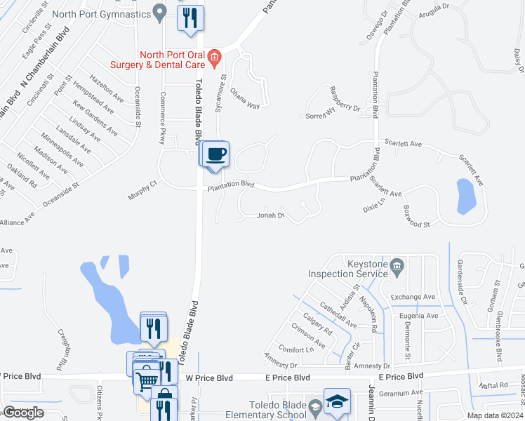 map of restaurants, bars, coffee shops, grocery stores, and more near 1156 Jonah Drive in North Port
