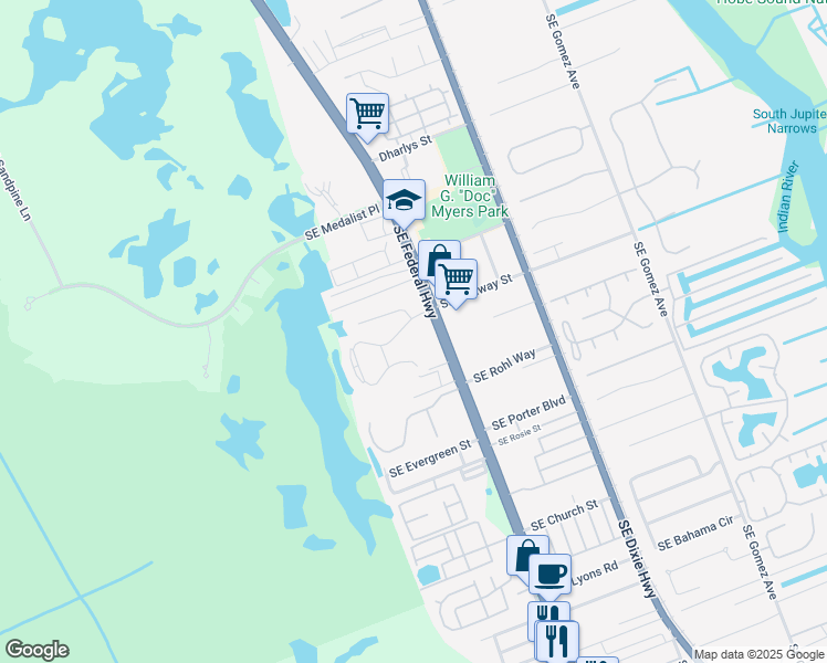 map of restaurants, bars, coffee shops, grocery stores, and more near 10355 Southeast Federal Highway in Hobe Sound