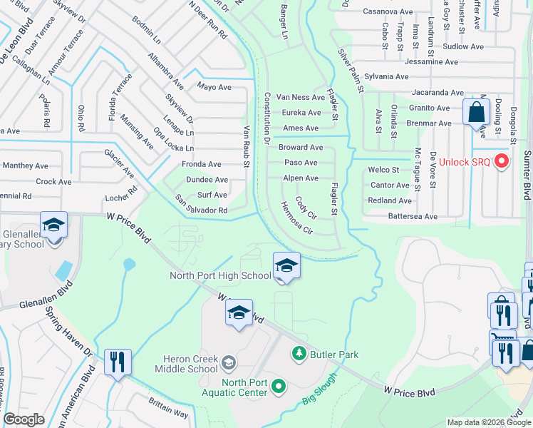 map of restaurants, bars, coffee shops, grocery stores, and more near 10001 San Salvador Road in North Port