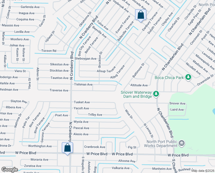map of restaurants, bars, coffee shops, grocery stores, and more near 2501 Tishman Avenue in North Port