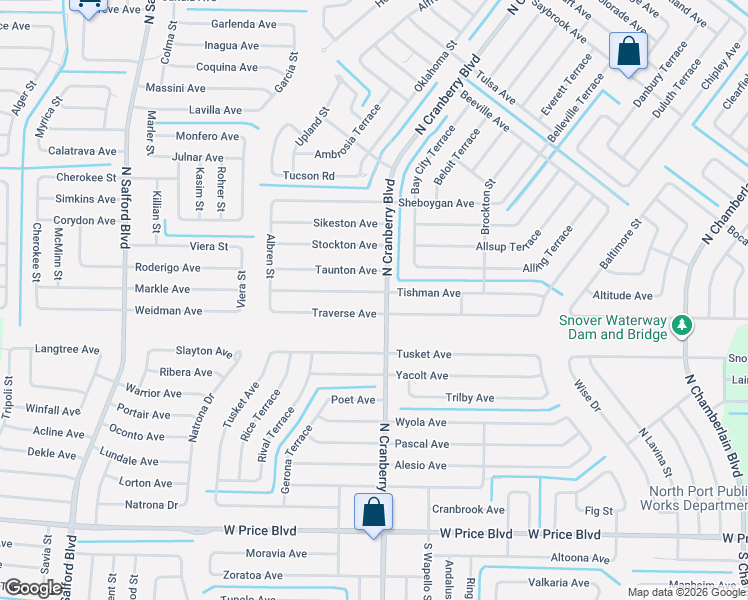map of restaurants, bars, coffee shops, grocery stores, and more near 3069 Tishman Avenue in North Port