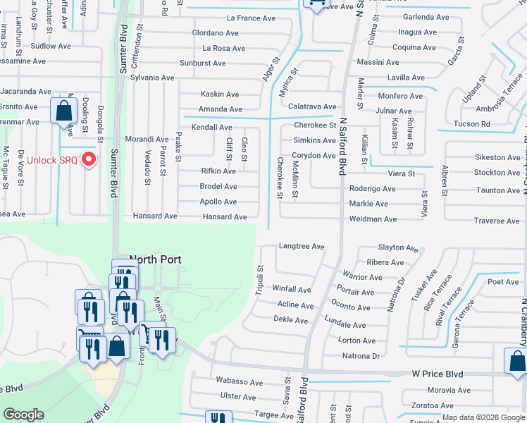 map of restaurants, bars, coffee shops, grocery stores, and more near 2188 Belvidere Street in North Port