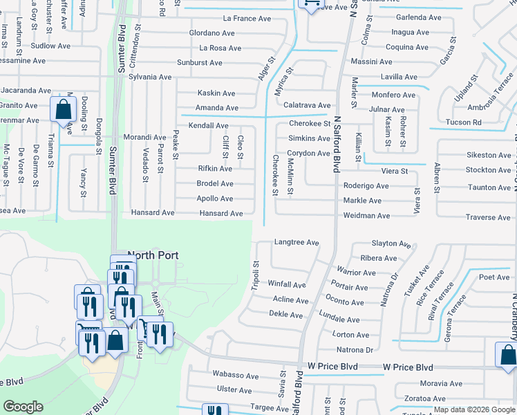 map of restaurants, bars, coffee shops, grocery stores, and more near 2132 Belvidere Street in North Port
