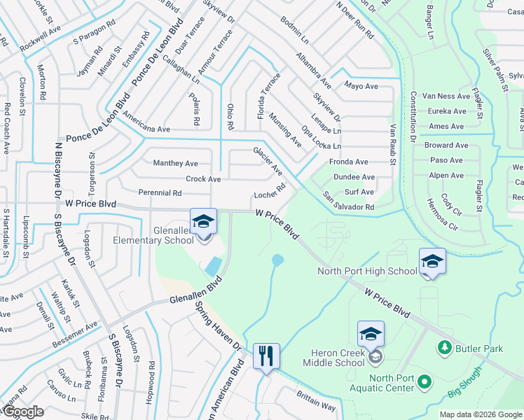 map of restaurants, bars, coffee shops, grocery stores, and more near 6879 Locher Road in North Port