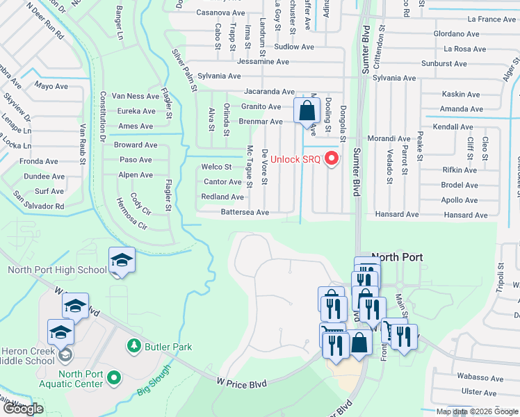 map of restaurants, bars, coffee shops, grocery stores, and more near 2233 De Vore Street in North Port