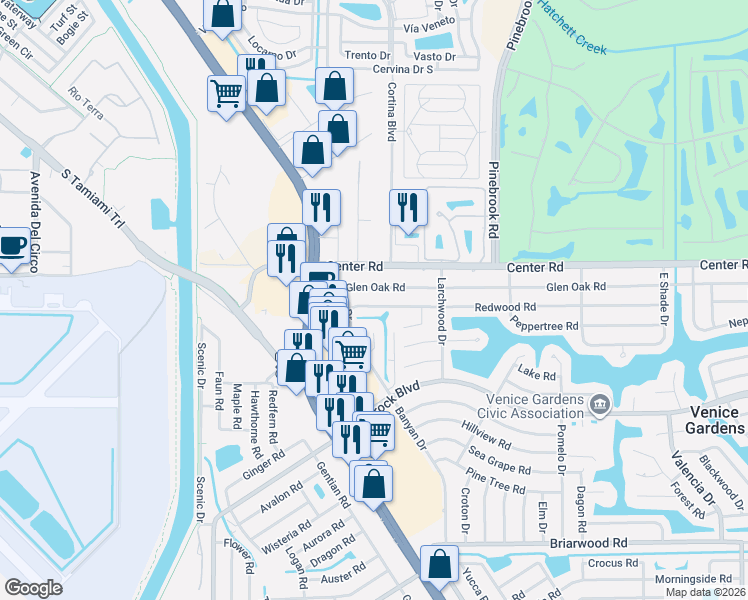 map of restaurants, bars, coffee shops, grocery stores, and more near 232 Glen Oak Road in Venice