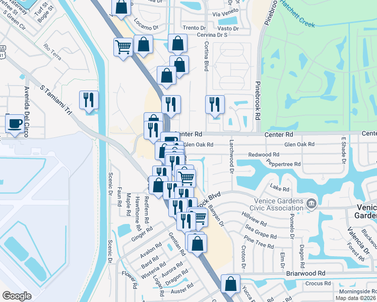 map of restaurants, bars, coffee shops, grocery stores, and more near 1517 Banyan Drive in Venice