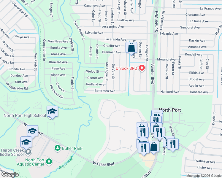 map of restaurants, bars, coffee shops, grocery stores, and more near 2233 De Vore Street in North Port