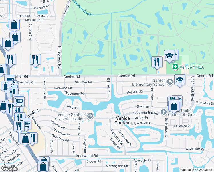 map of restaurants, bars, coffee shops, grocery stores, and more near 450 Glen Oak Road in Venice