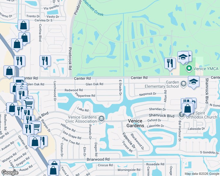 map of restaurants, bars, coffee shops, grocery stores, and more near 424 Glen Oak Road in Venice