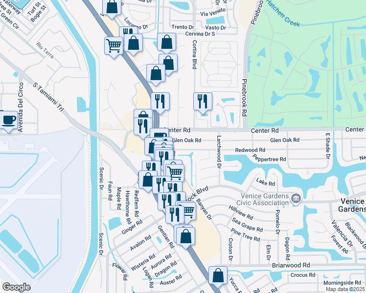 map of restaurants, bars, coffee shops, grocery stores, and more near 232 Glen Oak Road in Venice