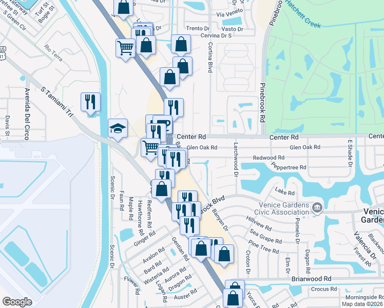 map of restaurants, bars, coffee shops, grocery stores, and more near 1517 Banyan Drive in Venice