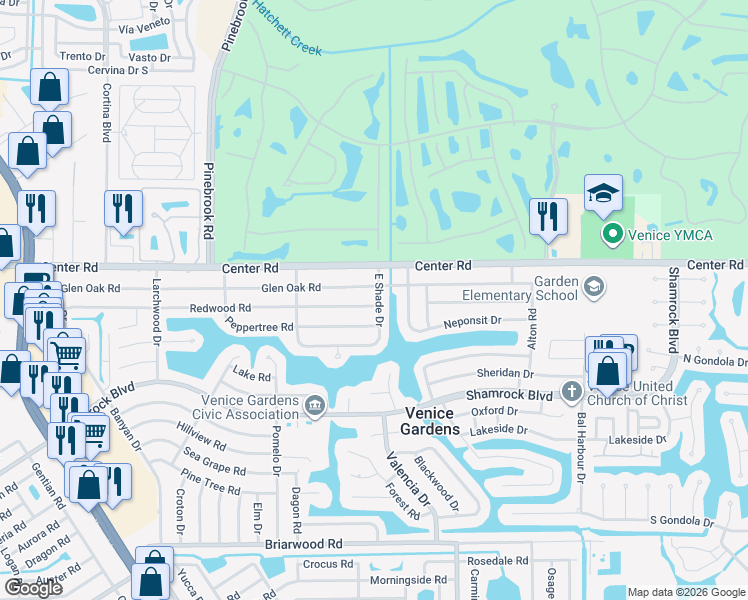 map of restaurants, bars, coffee shops, grocery stores, and more near 450 Glen Oak Road in Venice