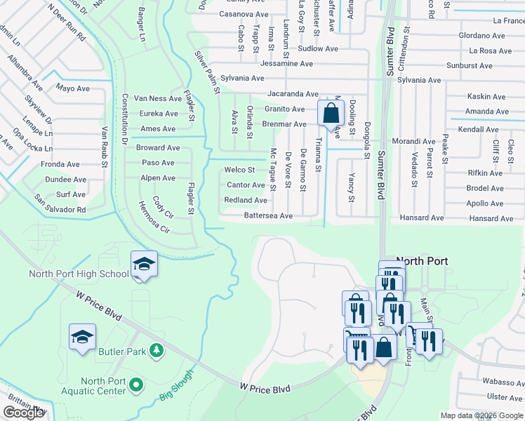 map of restaurants, bars, coffee shops, grocery stores, and more near 5740 Battersea Avenue in North Port