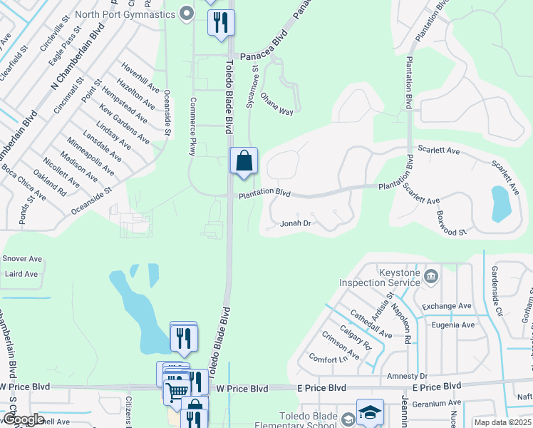 map of restaurants, bars, coffee shops, grocery stores, and more near 1095 Jonah Drive in North Port