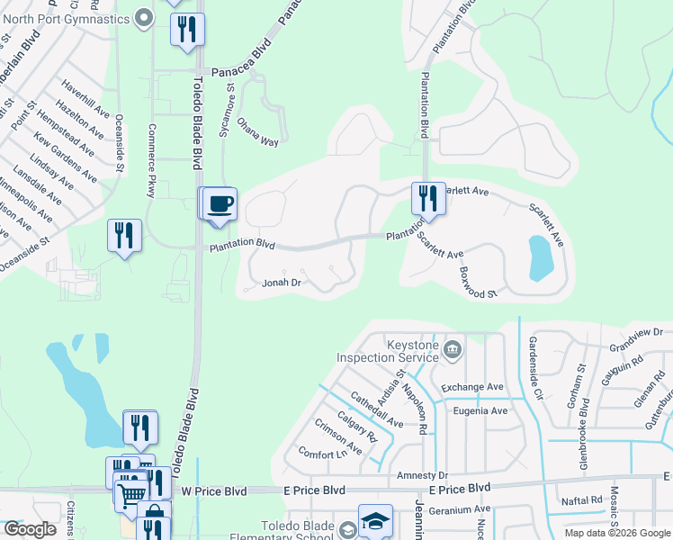 map of restaurants, bars, coffee shops, grocery stores, and more near 2334 Felicity Place in North Port