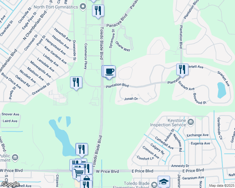 map of restaurants, bars, coffee shops, grocery stores, and more near 1085 Jonah Drive in North Port