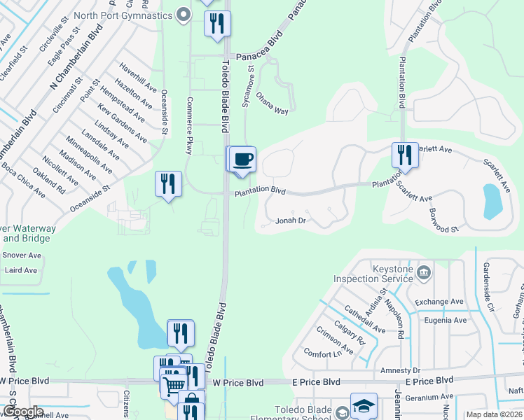 map of restaurants, bars, coffee shops, grocery stores, and more near 1091 Jonah Drive in North Port