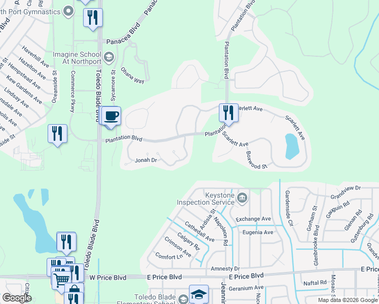 map of restaurants, bars, coffee shops, grocery stores, and more near 1295 Jonah Drive in North Port