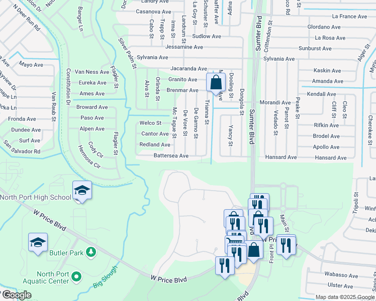 map of restaurants, bars, coffee shops, grocery stores, and more near 2232 De Vore Street in North Port