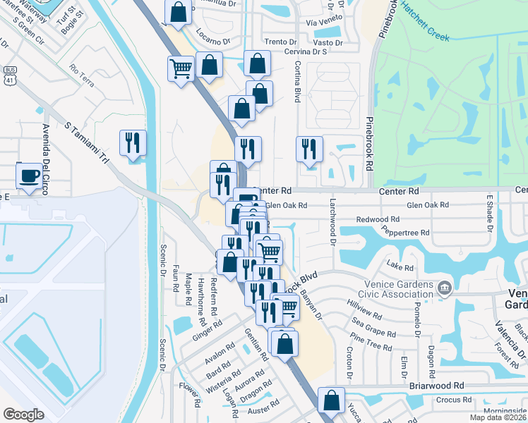 map of restaurants, bars, coffee shops, grocery stores, and more near 1517 Banyan Drive in Venice