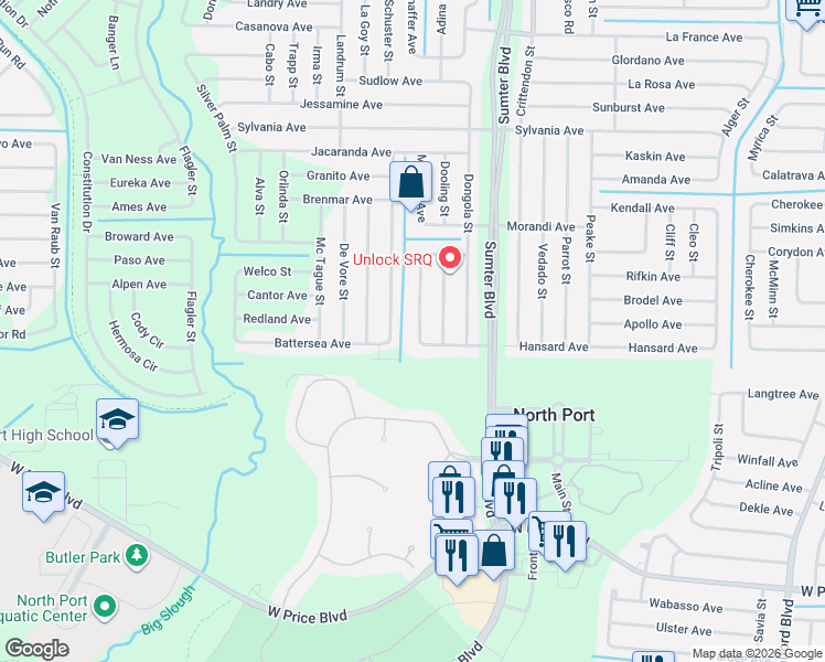 map of restaurants, bars, coffee shops, grocery stores, and more near 2285 Ribble Street in North Port