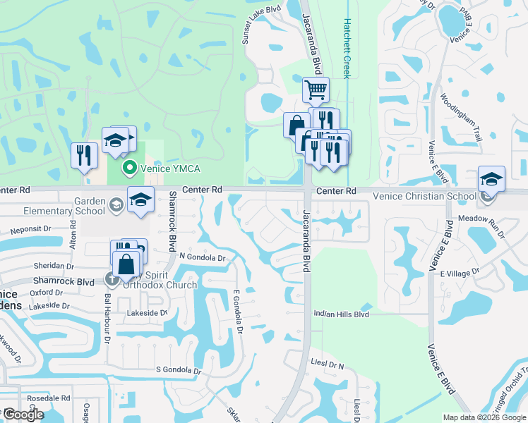 map of restaurants, bars, coffee shops, grocery stores, and more near 1027 Burning Oak Court in Venice