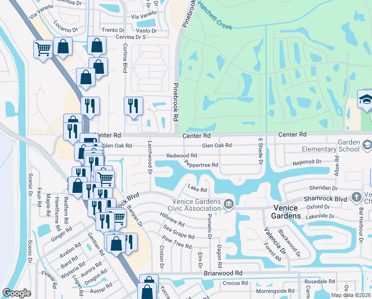 map of restaurants, bars, coffee shops, grocery stores, and more near 344 Glen Oak Road in Venice