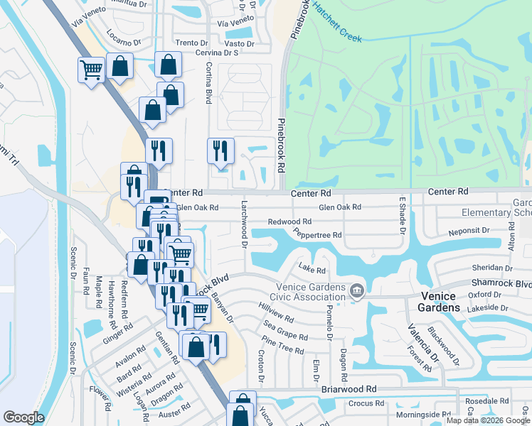 map of restaurants, bars, coffee shops, grocery stores, and more near 324 Glen Oak Road in Venice