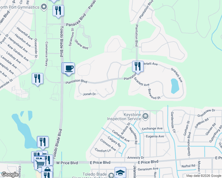 map of restaurants, bars, coffee shops, grocery stores, and more near 2334 Felicity Place in North Port