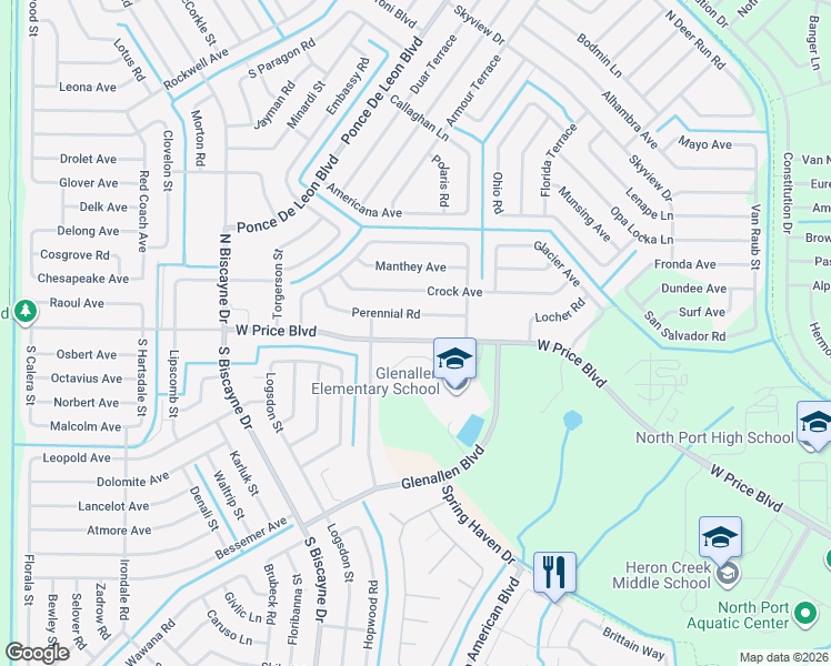 map of restaurants, bars, coffee shops, grocery stores, and more near 7310 West Price Boulevard in North Port