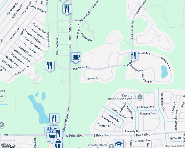 map of restaurants, bars, coffee shops, grocery stores, and more near 2349 Rosewood Lane in North Port