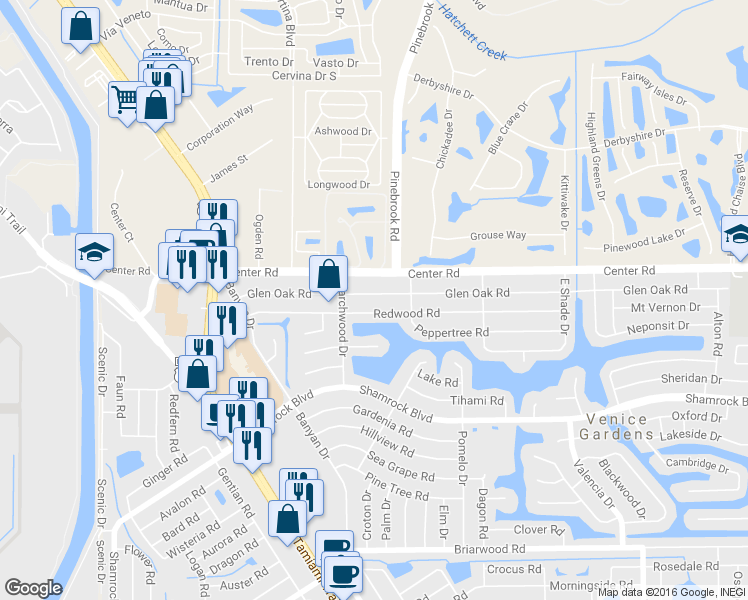 map of restaurants, bars, coffee shops, grocery stores, and more near 324 Glen Oak Road in Venice