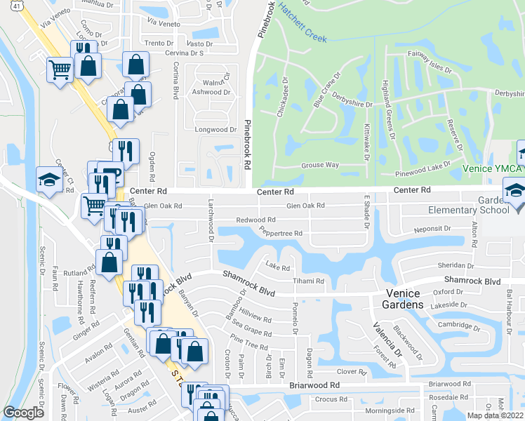 map of restaurants, bars, coffee shops, grocery stores, and more near 344 Glen Oak Road in Venice